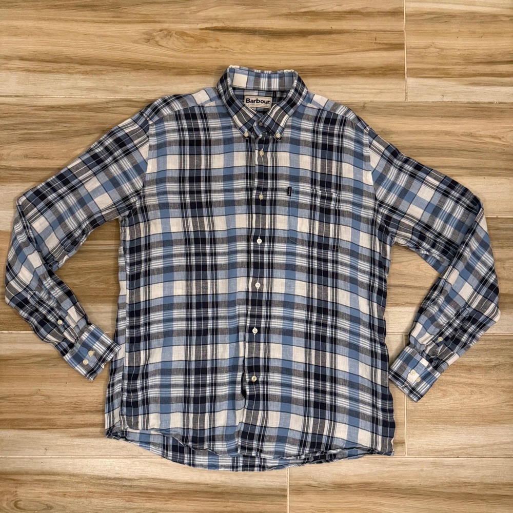 Barbour Bernard Tailored Fit Linen Plaid Shirt Mens Large Blue White MSH3337BL33